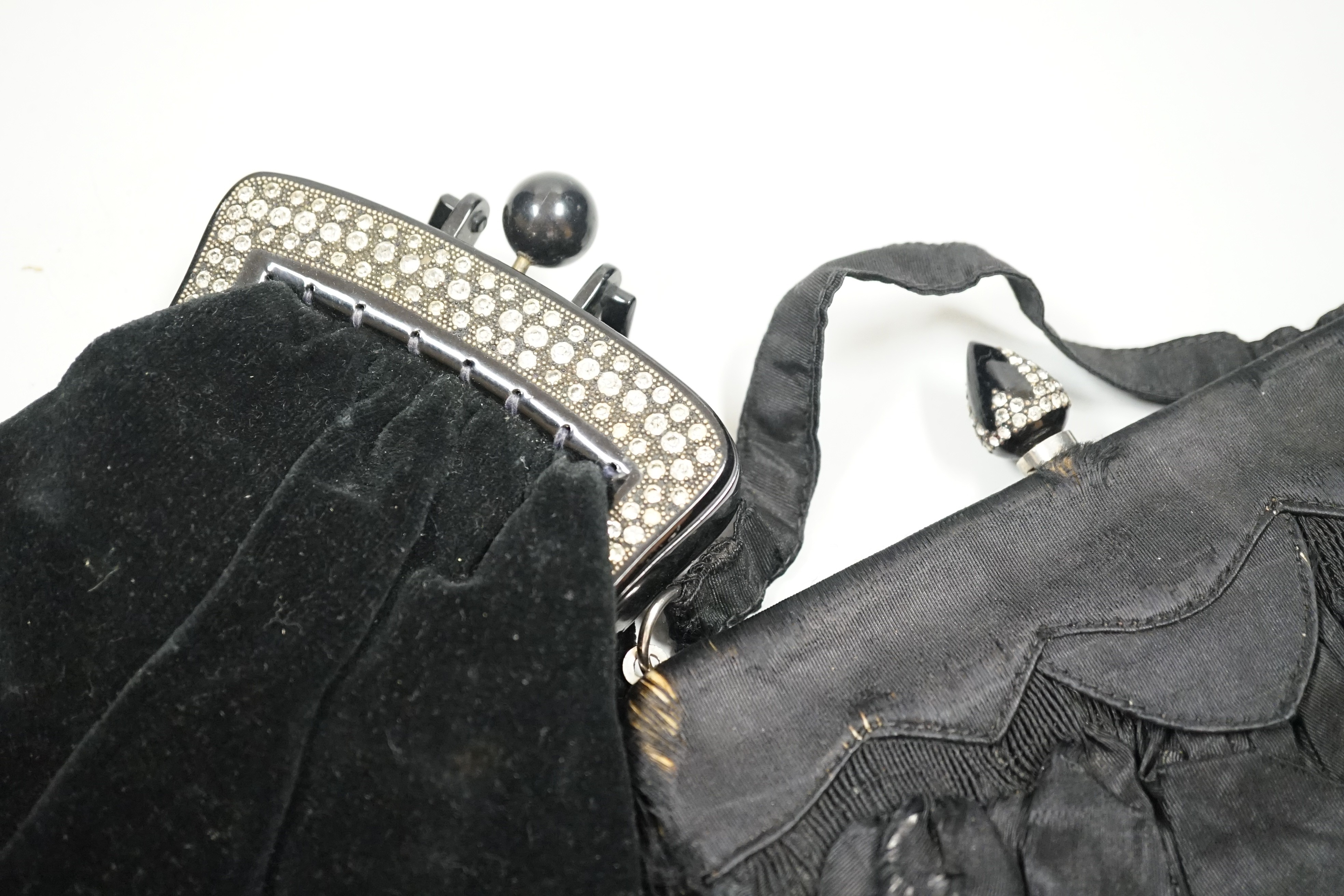 A 1930’s evening bag with silver frame, seven 1930’s-40’s evening bags with diamante encrusted Bakelite frames and clasps, a costume jewelled bag and two gilt and sequin bags